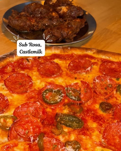 Pepperoni and candied jalapeño pizza with chicken tenders